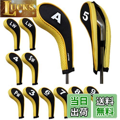 【送料無料】Andux 番手プリント ゴルフ アイアンカバー ファスナー付き ロングネック 12個/セット (ブラック+イエロー)