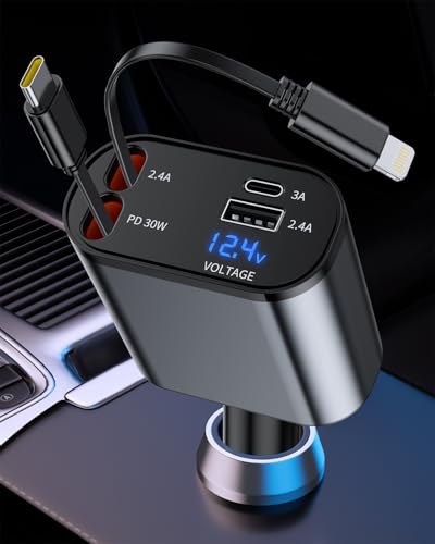 【送料無料】iVoiddeck 車 充電器 巻き取り式 シガーソケット 4in1 車載充電器 カーチャージャー 急速..