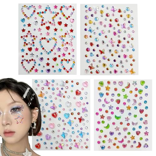 【送料無料】TVETE 顔 シール キラキラ ラインストーン フェイス シール 粘着性あり カラフル 4枚入り かわいい きれい 女の子 子供 立体 ハート 蝶 星 ドット 月 パーティー 結婚式 舞台 日常生活 卒業式 演出 個性的 かお