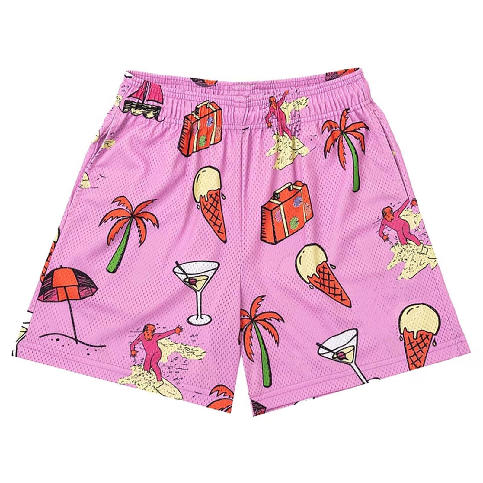 【送料無料】[KULIXI] ショートパンツ バスパン メンズ 夏のリゾート風 バスケットボールパンツ ビーチパンツ トレーニング ハーフパンツ スポーツ ジムウェア フィットネス ポケット付き カジュアル 短パンツ メッシュ 速乾 通気 DK-5550 色：5553 ピンク、サイズ：XL