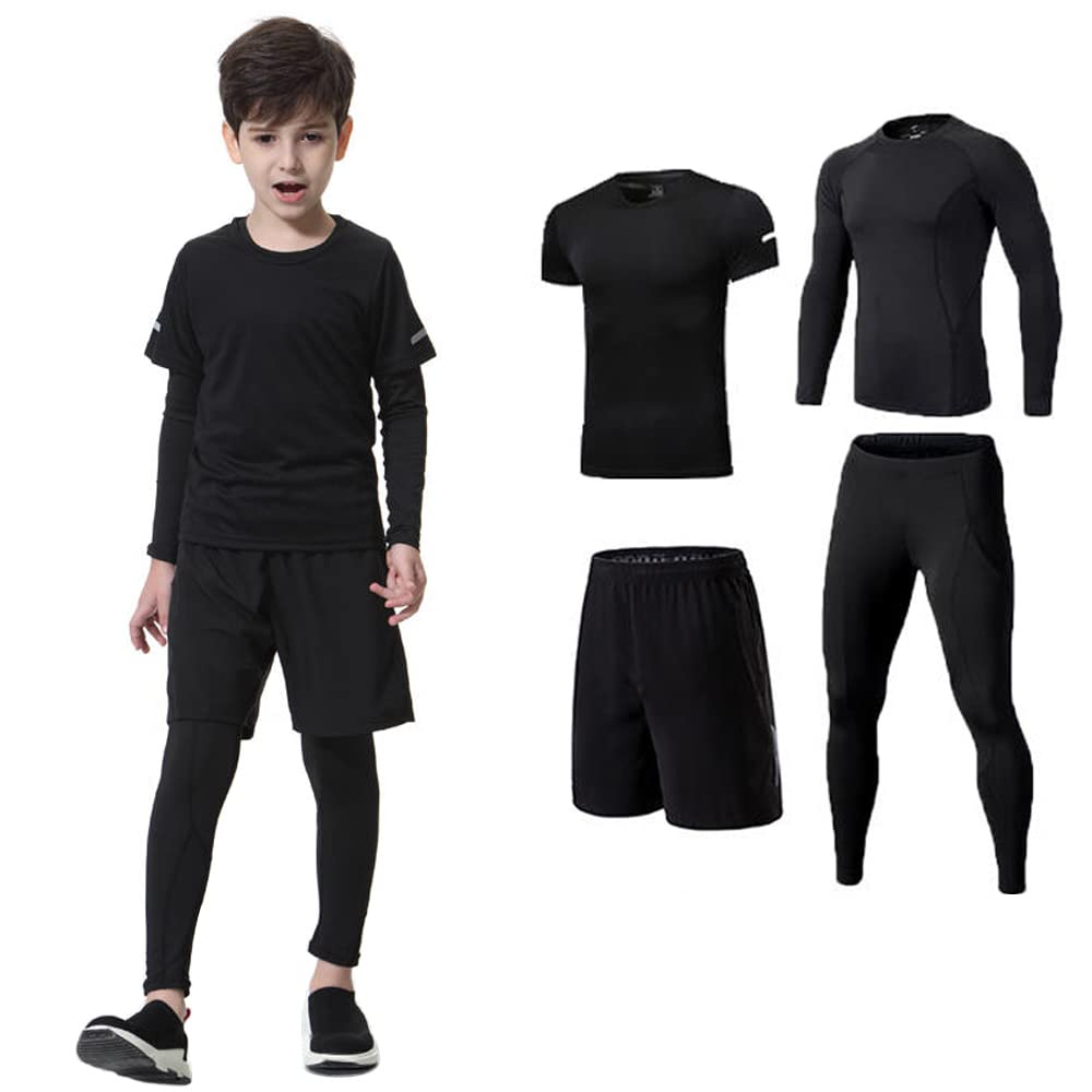 【送料無料】[MIIFIT] 子供服スポーツウェア コンプレッションウェア キッズ 上下セット長袖シャツ 半袖シャツ ハーフパンツ タイツ 通気防臭 トレーニングウェア ランニングウェア男女兼用 春夏秋冬 色：#2-ブラック-4個セット、サイズ：24(4)