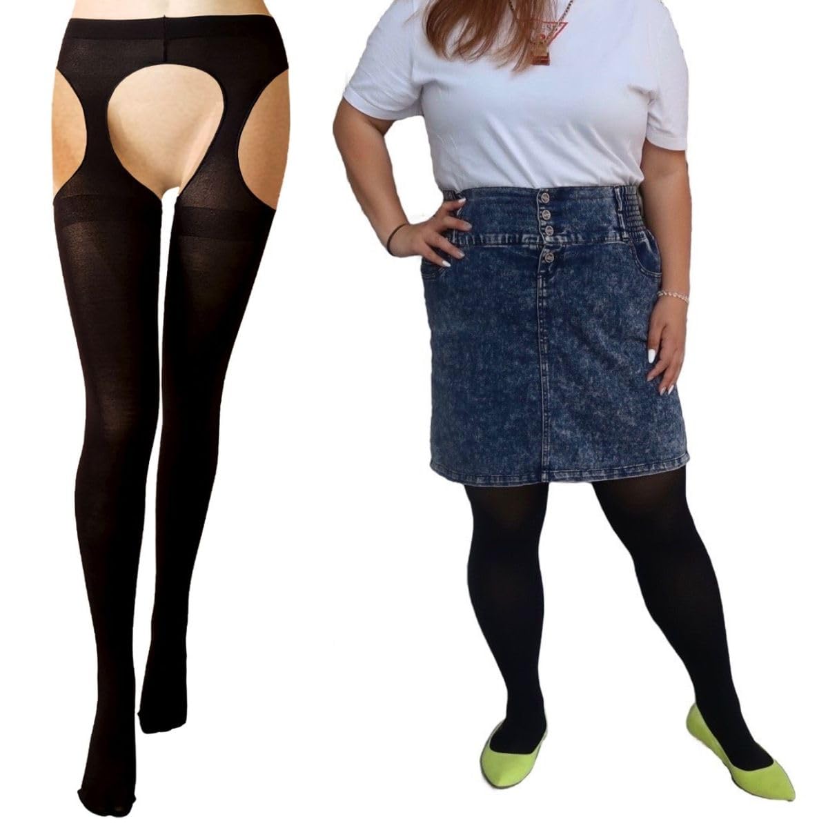 【送料無料】[NAKAMAJITA] 80D 大きいサイズ タイツ サスペンダー サイド穴あきタイプ 3L-8L オープンクロッチ 1足セット 2足セット 色：ブラック、サイズ：5L-6L