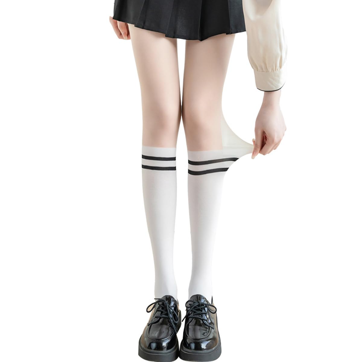 【送料無料】[LZZOO] フェイクニーハイストッキング ロング レディースタイツ ニーハイソックス ロング 女性用30×70デニール ベルベット 切り替え生地 美脚ストッキング レディース 色：ホワイト(短い)、サイズ：Free Size