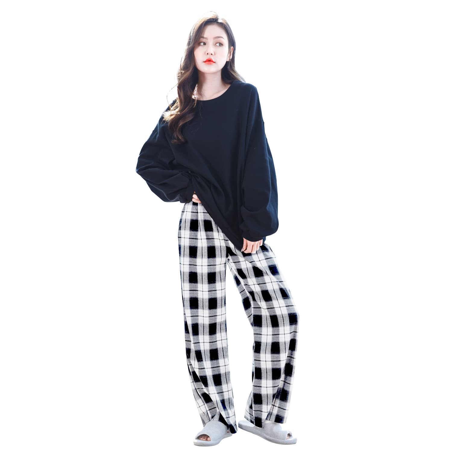 【送料無料】[MiniZaru] (ミニザル) ルームウェア パジャマ レディース 上下セット 長袖 可愛い 色：3035_ブラック(2点セット)、サイズ：M