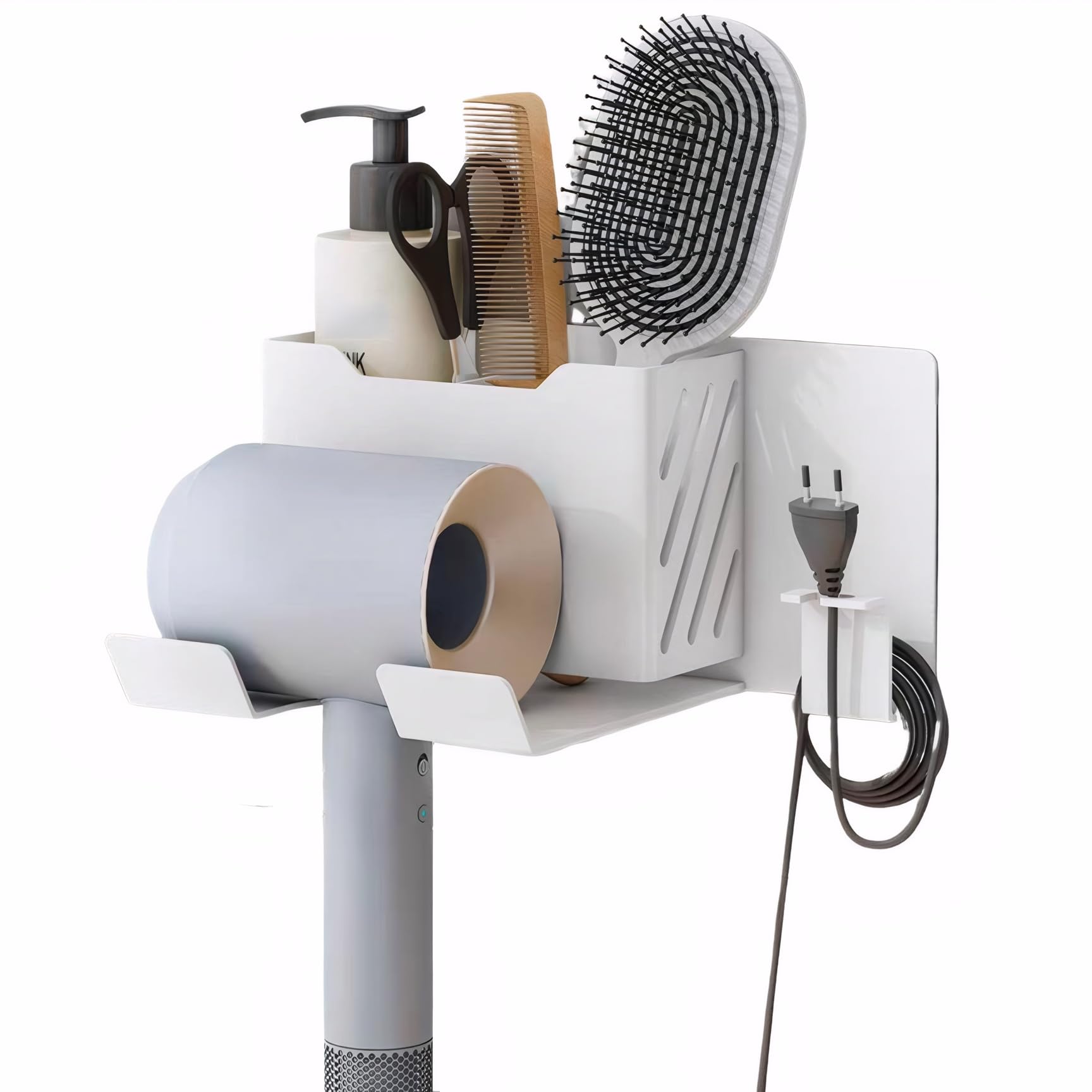 【送料無料】KAIXUANMAN ドライヤーホルダー マグネット 壁掛けドライヤースタンド 収納スペース付き 洗面所 洗面用品 電動歯ブラシ置き アルミ 浴室収納 置物 小物入れ バス用品 ホワイト