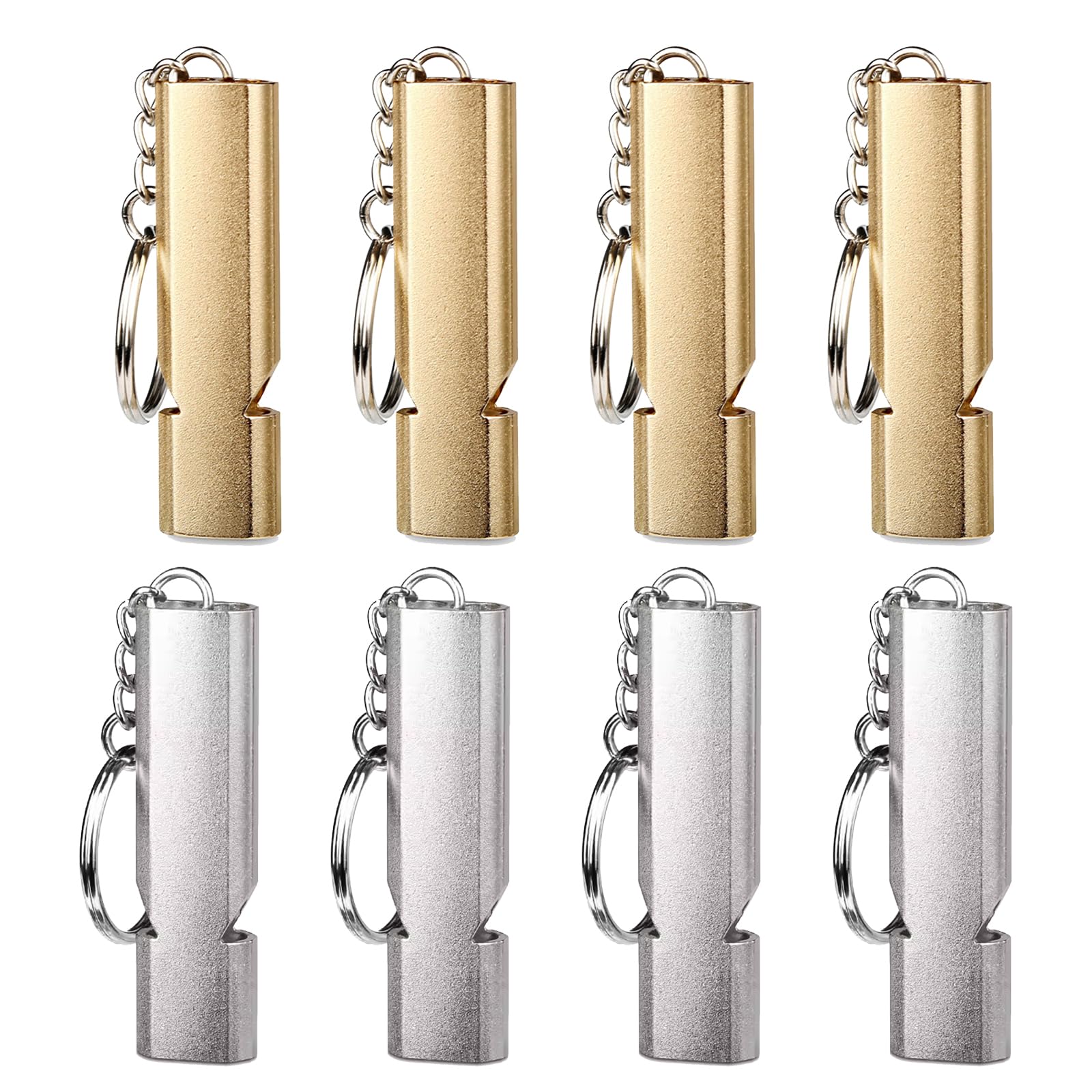【送料無料】Phyxiul ホイッスル 笛 防災 救援 生存 ハイキング アウトドア 学校 登山 野外活動 SOS 大音量 緊急ホイッスル キーチェーン付き 金色/銀色 8個セット