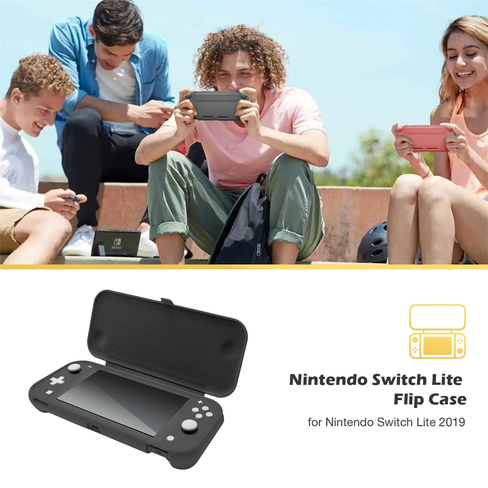 LUCKSの【送料無料】ProCase スイッチライト フリップケース [ガラス2枚付き] スリム クリアソフトTPU カバー 耐衝撃 保護カバー 対応機種： スイッチライト 2019 −グレー｜アングル3
