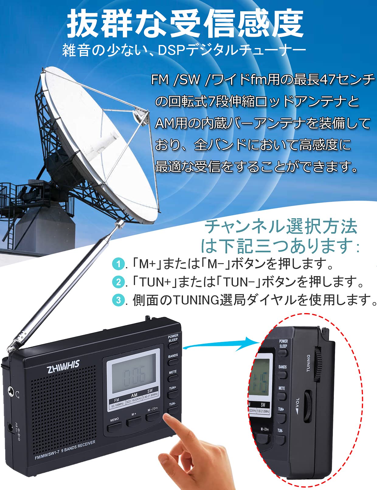 【送料無料】ZHIWHIS ラジオ 小型ポータブル FM/AM/SW ワイドfm対応 クロック防災...