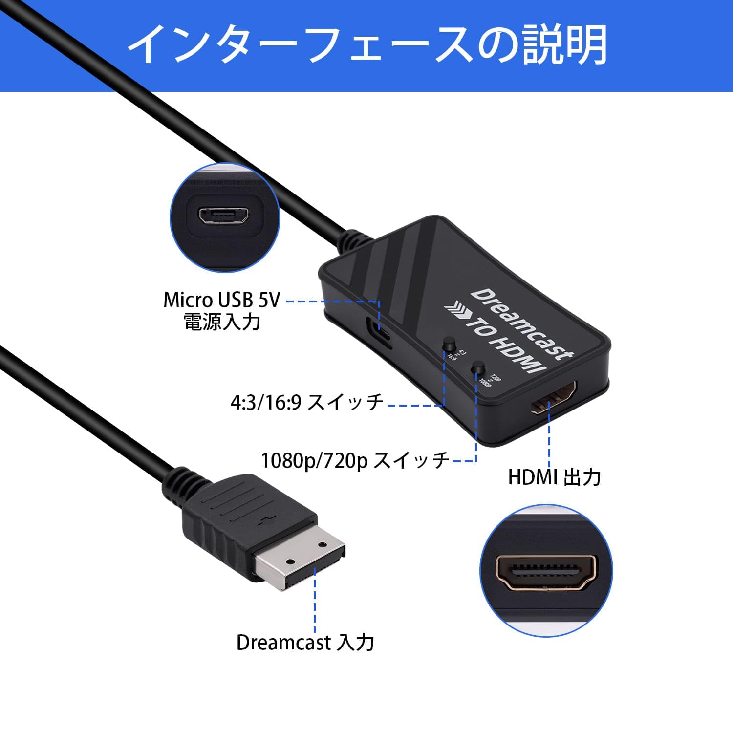 LUCKSの【送料無料】Mcbazel セガドリームキャスト専用（DC） HDTVからHDMI変換コンバーター 720p/1080p解像度の切り替え 4:3から16:9変換可能 アスペクト比切り替えスイッチ内蔵 HDMI変換接続アダプター Dreamcast（DC）対応-ブラック｜アングル3