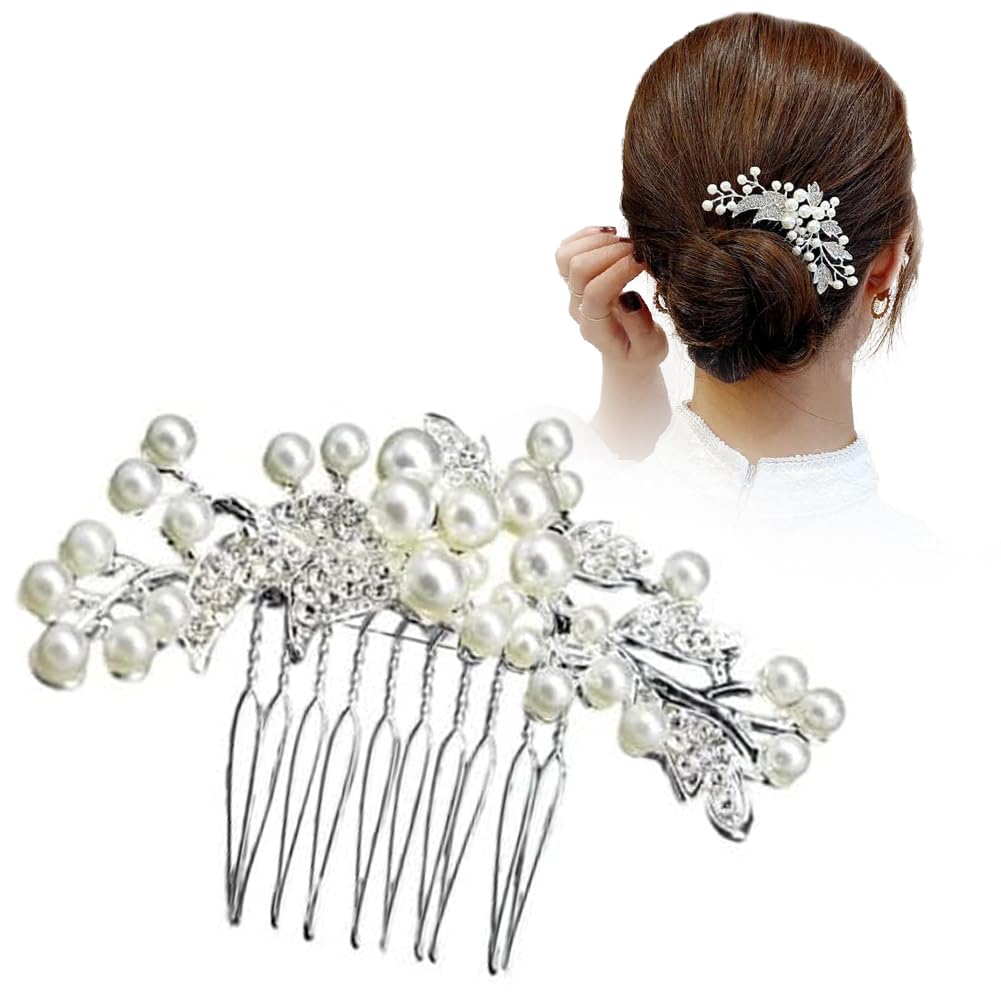 Rakuten - 【送料無料】FASELE 髪飾り 夜会巻き コーム ヘッドドレス ヘアピン かんざし 簪 ヘアアクセサリー 花嫁 和装 洋服 パール 発表会 入学式 卒業式 ウェディング 結婚式 披露宴 二次会 パーティー 色：シルバー、サイズ：9cm*6cm