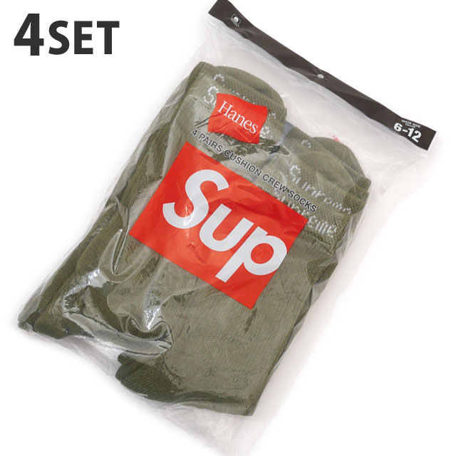 楽天CliffEdgeR正規品・本物保証 新品 シュプリーム SUPREME x ヘインズ Hanes Crew Socks 靴下 ソックス 4足セット OLIVE オリーブ メンズ レディース グッズ