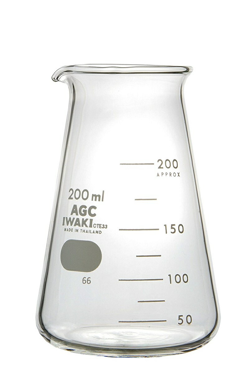 【AGC IWAKI】 コニカルビーカー 200ml ホウケイ酸ガラス 透明色 耐熱ガラス 計量カップ メジャーカップ 型式 1080BK200 pyrex表記はありません耐熱性 ガラス製 容器 アロマ用 手作りコスメ 本格派 理化 実験 検査 かわいい