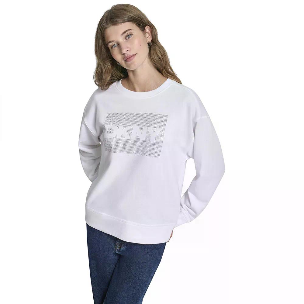 ディーケーエヌワイ ラインストーン ロゴ ボクシーフィット スウェットシャツ レディース （ White/Silver ） DKNY Rhinestone Logo Boxy Fit sweatshirt Woman t