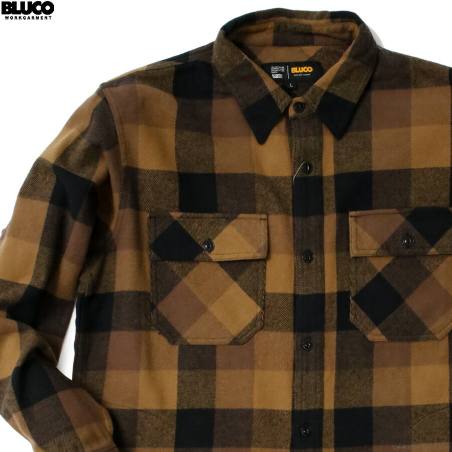 2025年夏秋新作 BLUCO ブルコ 長袖シャツ メンズ 秋冬用 綿100％ ブラウン M-XL BLUCO BUFFALO CHECK FLANNEL SHIRT (BROWN) [155-11-048] バッファローチェック ネルシャツ