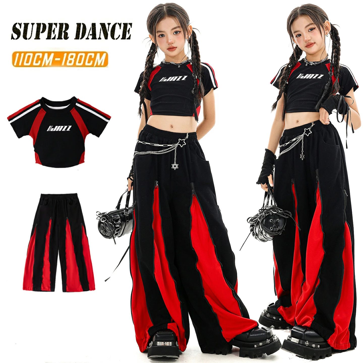 【3074円→実質3013円 P2利用! 11/27 01:59迄】赤 黒 キッズダンス衣装 トップス パンツ 子供服キッズ ..