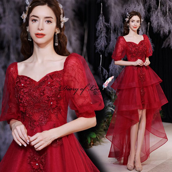 【期間限定→9,405円 6/27まで】カラードレス ウェディングドレス 結婚式ドレス ミニドレス(カラードレス)ウェディングドレス 赤 結婚式ドレス 花嫁ドレス 二次会ドレス 編み上げ 個性派 海外ウエディング 演奏会/結婚式/披露宴/ 海 半袖/刺繍付きアシンメトリー