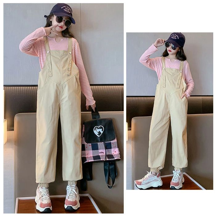 【コスパ最高】韓国子供服 セットアップ キッズ 女の子 秋服 新品 ピンクのTシャツ+サロペット パンツ おしゃれ かわいい 2点セット 学生 イベント 旅行 お出かけ ストライプ柄 Tシャツ 長袖 長ズボン 春着 秋着 子ども服 子ども 子供 上下セット キッズ