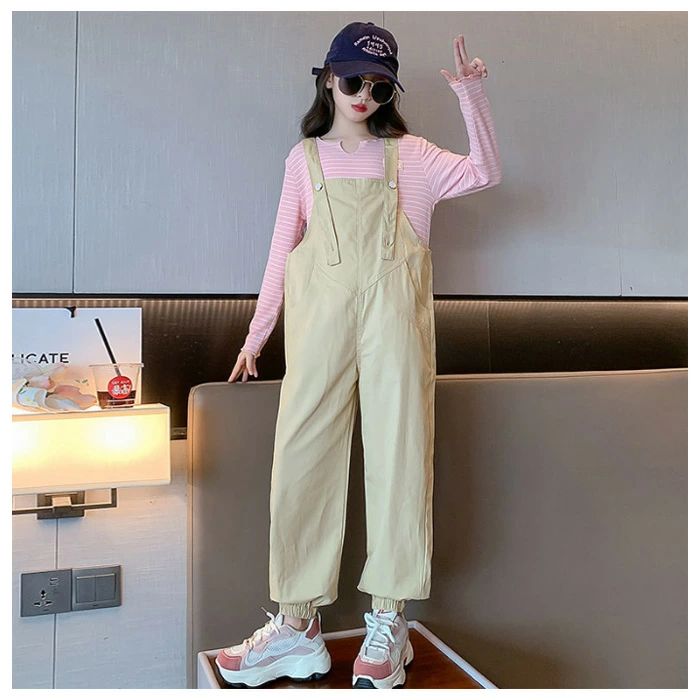 【コスパ最高】韓国子供服 セットアップ キッズ 女の子 秋服 新品 ピンクのTシャツ+サロペット パンツ おしゃれ かわいい 2点セット 学生 イベント 旅行 お出かけ ストライプ柄 Tシャツ 長袖 長ズボン 春着 秋着 子ども服 子ども 子供 上下セット キッズ