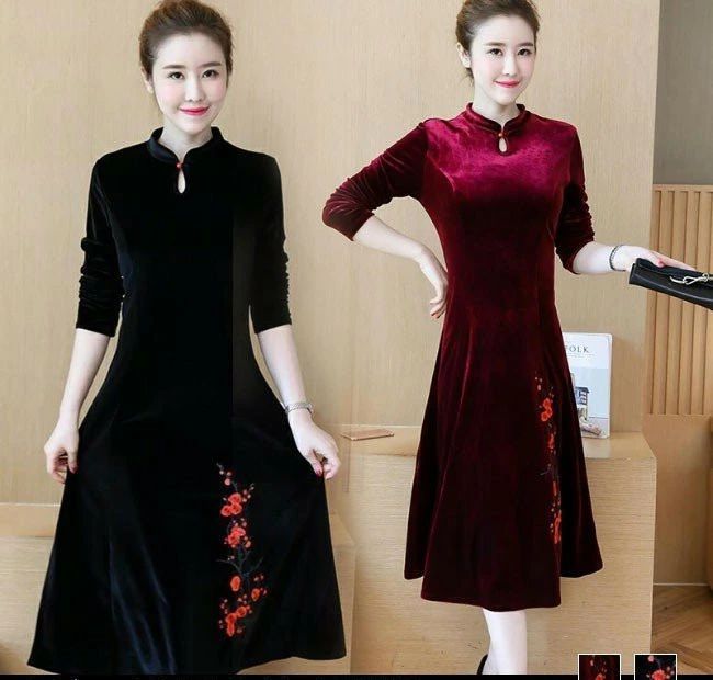 \通常8640円→大特価 4104円!7/26まで レディース ワンピース ベロア ロング丈 女性用 長袖 Aラインスカート レトロ 宴会 パーティー 結婚式 チャイナドレス 刺繍
