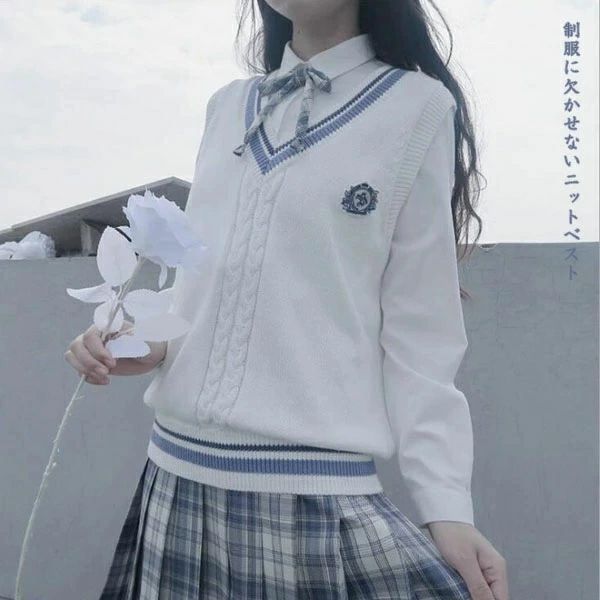 【期間限定→2,699円 6/11まで】スクールニットベスト バッジ付き 綿100％ 定番ベスト 春服 秋服 大きいサイズ 学生風 トップス ノースリーブ ニット ケーブル編み ニットセーター 配色 ゆったり プルオーバー 袖なし 切り替え 通学 学生 女子高校 制服ベスト 春秋