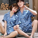 【コスパ最高】カップルペアルック 夏 半袖 ショートパンツ パジャマ ハート柄 レディース メンズ ルームウエア 部屋着 寝間着 前開き上下セット 絹パジャマ