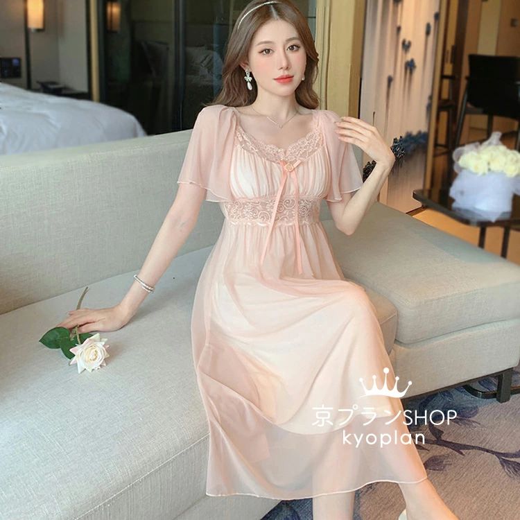 【新発売限定記念価格！】夏新作 レディース チュール 半袖 姫系 ネグリジェ princess ルームワンピース パジャマ ナイトウエア レース 寝巻き ロマンティック