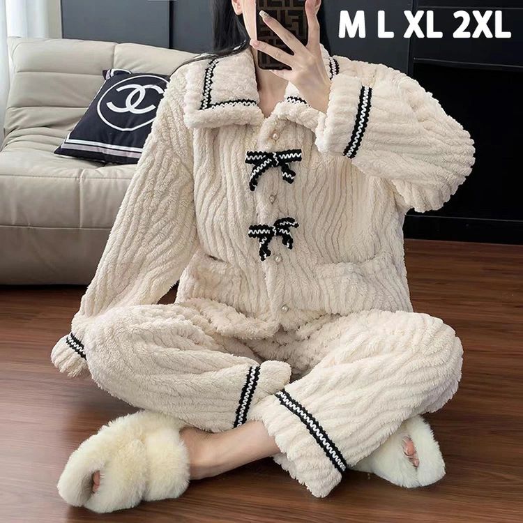 【新発売限定記念価格！】ルームウェア レディース 冬 セットアップ もこもこ パジャマ かわいい ふわふわ 寝間着 ナイトウェア 大人用 前開き 長袖 リボン モコモコ 上下セット 部屋着