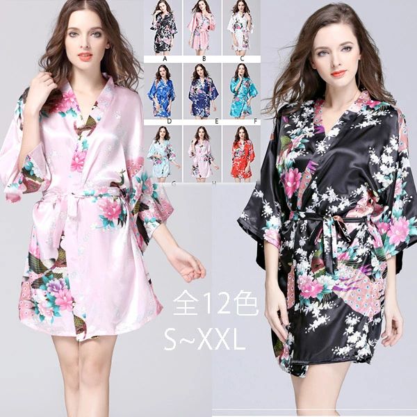 【3800円→実質3724円 P2利用! 11/27 01:59迄】レディース サテン ナイトガウン 花柄 半袖 夏用 ランジェリー 大人 ガウン ローブ ナイティー ナイトウェア ネグリジェ 部屋着 シルクタッチ クジャク フラワー