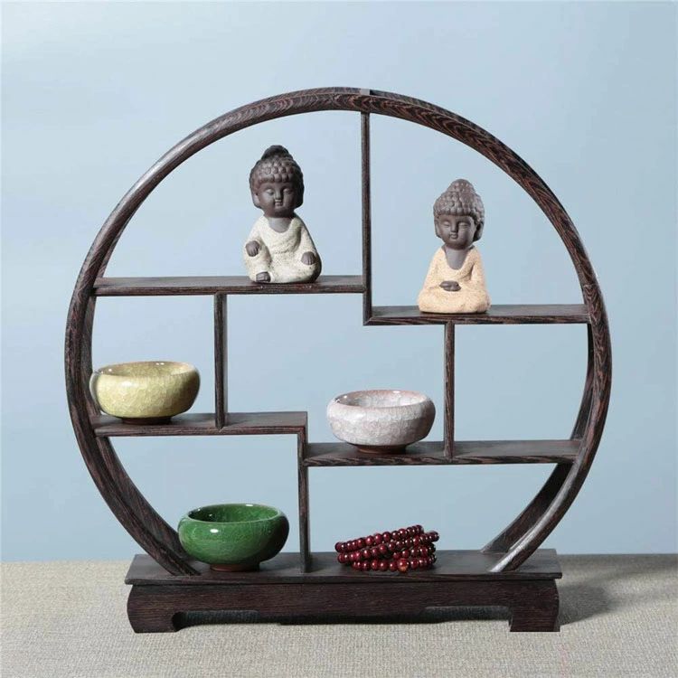 【半額!スーパーSALE】シノワズリ 中国風 珍品棚 木製 丸型 ナチュラルラック 収納家具 ラック 棚 小 ..