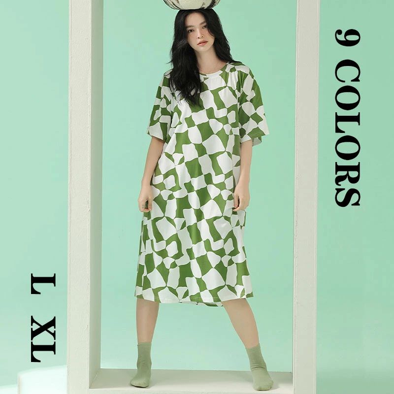 【4180円→実質4096円 P2利用! 11/27 01:59迄】パジャマ レディースルームウエア ネグリジェ 部屋着 オシャレ チェック ボーダー きれいめ 着痩せ ロング丈Tシャツ ゆったり ルームウエア 9色 寝巻き 半袖 ワンピース 可愛い