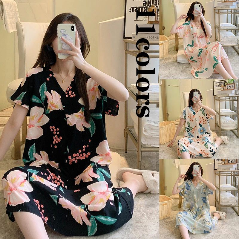 【2580円→実質2528円 P2利用! 11/27 01:59迄】花柄パジャマ レディースルームウエア 半袖 ネグリジェ 大きいサイズ 可愛い オシャレ きれいめ 着痩せ ロング丈Tシャツ ゆったり ルームウエア ワンサイズ 11色 部屋着 寝巻き ワンピース