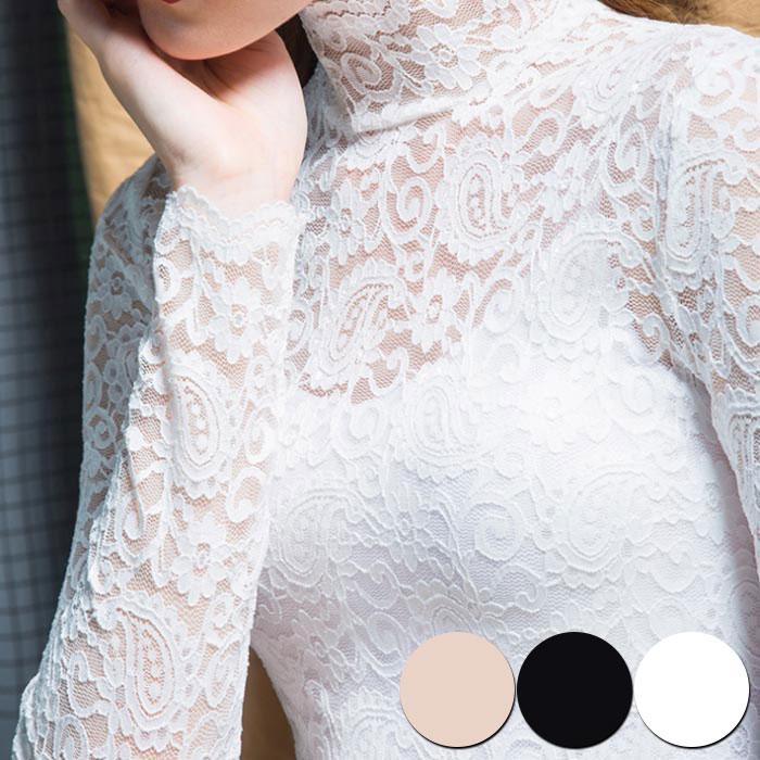 【2580円→実質2528円 P2利用! 11/27 01:59迄】レース カットソー レディース インナーウェア 長袖 裏起毛 トップス ハイネック タートルネック tシャツ ブラック ホワイト 春 秋 冬 20代 30代 40代 タイト 透け感 セクシー 2タイプ