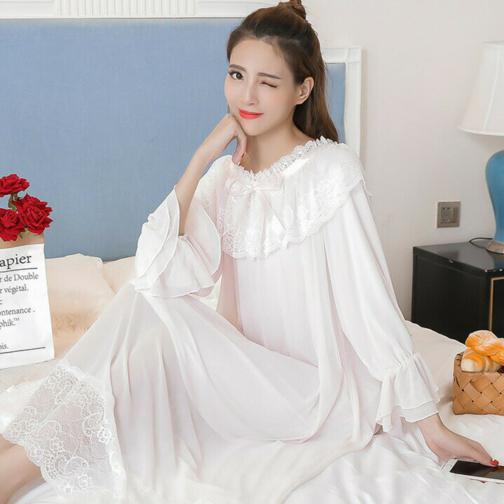 【2960円→実質2901円 P2利用! 11/27 01:59迄】ワンピースパジャマ 長袖 ネグリジェ レディース マタニティ S M L XL サイズ 姫系 部屋着 レース コットン 秋向き ロング 産後