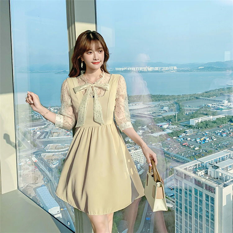 【4998円→実質4898円 P2利用! 11/27 01:59迄】二点セット ワンピース+シャツ 水玉 リボン 五分袖 結婚式 同窓会 ナチュラル ドット着やせ 高級感 膝丈 フェミニン 綺麗 パーティー(4)