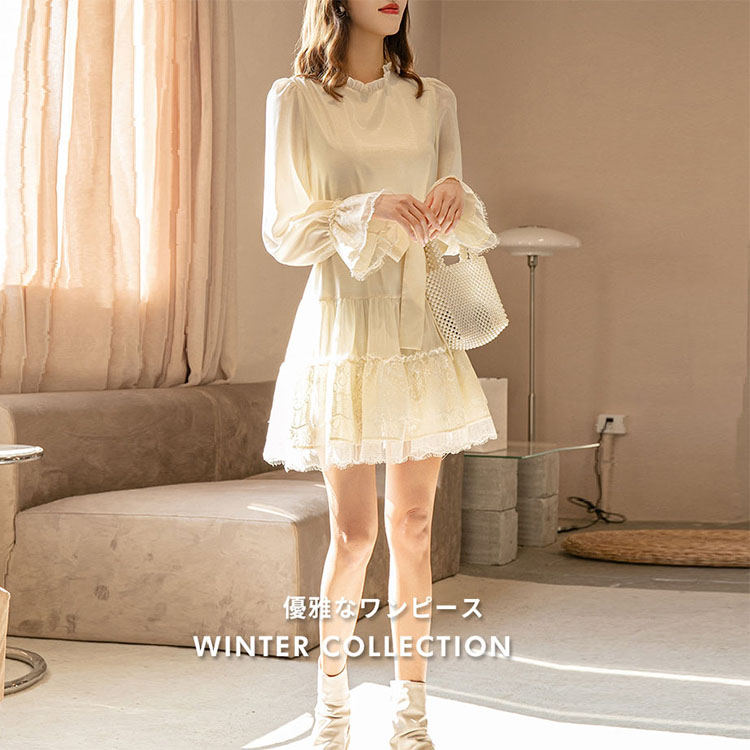 【5780円→実質5664円 P2利用! 11/27 01:59迄】ワンピース 春 夏 長袖 ティアードスカート リボン きれいめ お出かけ ミモレ丈 ロングワンピ 母の日 おしゃれ ファッション ドレス 洋装 結婚式 二次会 同窓会 レディース オフホワイト Aライン