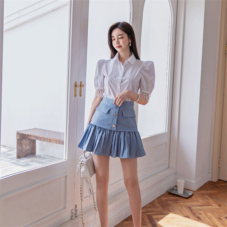 【コスパ最高！期間5倍積分！11/17まで】夏 半袖 パフスリーブ 大人 二点セット お出かけ セクシー フェミニン パーティドレス お洒落 女の子 お呼ばれ セットアップ 無地 可愛い プリーツスカート きれいめ クラブ レディース