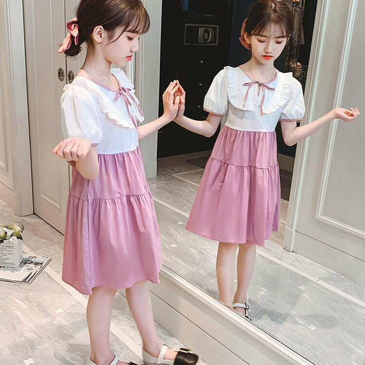【コスパ最高！期間5倍積分！11/17まで】ワンピース キッズ 子供 Aライン 女の子 ドレス きれいめ お嬢様風 バイカラー フリル パフスリーブ おしゃれ 女児 発表会 可愛い お出かけ パーティー 学生 パーティードレス ファッション