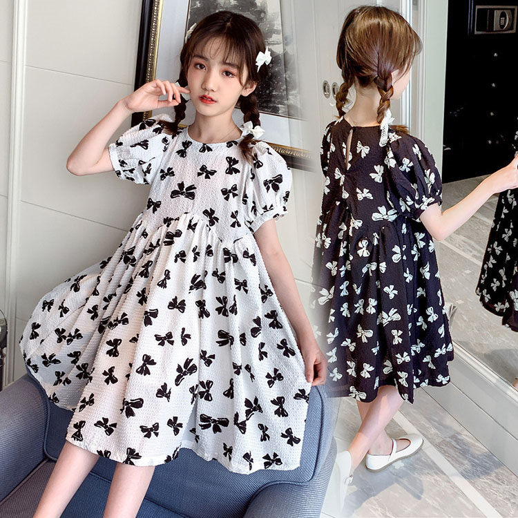 【コスパ最高！期間5倍積分！11/17まで】ワンピース キッズ 子供服 パフスリーブ Aライン ファッション きれいめ お嬢様風 おしゃれ 女児 可愛い お出かけ 学生 プリント 蝶結び 女の子 ドレス パーティードレス