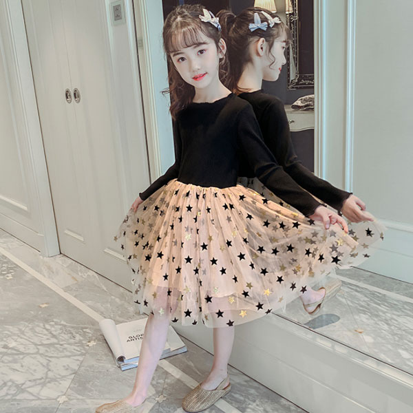 【コスパ最高】ワンピース 女の子 子供服 春服 長袖ワンピ スター柄 子供ワンピース ブラック お出かけ 普段着 通園 通学 子供ワンピ オシャレ 可愛い 110 120 130 140 150 160cm プリンセス キッズ