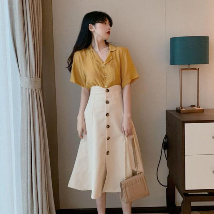 【コスパ最高】二点セット 半袖+スカート シャツ イエロー 可愛い カジュアル 大人 パーティー レジャー ハイウェスト レディース 無地 着やせ