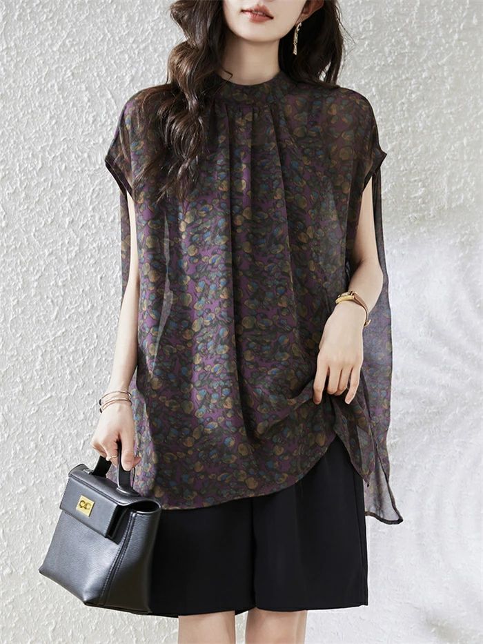 【P2倍！3280→実質3214円 11/11まで】ブラウス シャツ シフォン チュニック レディース ブラウス チュニック丈 フレンチスリーブ フェミニン 体型カバー 夏 トップス 花柄 上品 エレガント お洒落 着痩せ シンプル カジュアル 薄手 旅行 海 大きいサイズ