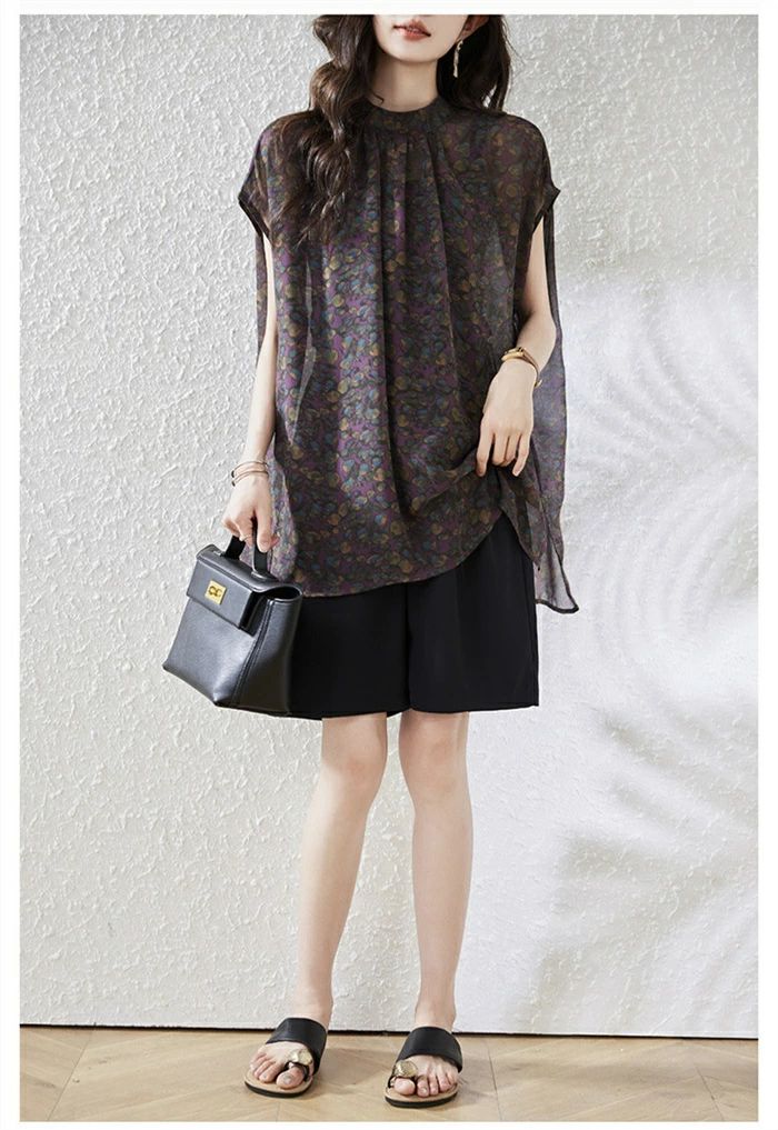 【P2倍！3280→実質3214円 11/11まで】ブラウス シャツ シフォン チュニック レディース ブラウス チュニック丈 フレンチスリーブ フェミニン 体型カバー 夏 トップス 花柄 上品 エレガント お洒落 着痩せ シンプル カジュアル 薄手 旅行 海 大きいサイズ