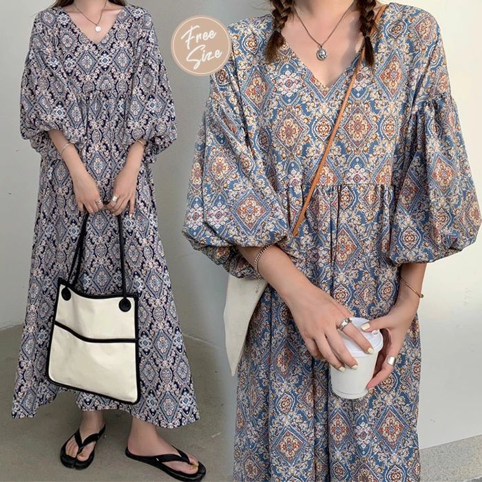 【2980円→実質2920円 P2利用! 11/27 01:59迄】ワンピース ロングワンピース レディース 夏 フレア エスニック風 ボリューム袖 Aライン マキシワンピース マキシ ゆったり 体型カバー 着・せ レトロ感 カジュアル シンプル パーティー 20代 30代 40代 50代 パフ袖 総柄