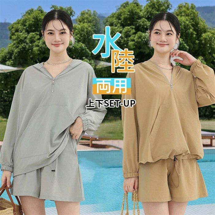 【3780円→実質3402円 P10利用! 11/19 23:59迄】水陸両用 水着 2点セット レディース 夏 フード付き UV対策 紫外線対策 冷房対策 UVカット 韓国風 ママ ビーチ ファッション 20代 30代 40代 ショートパンツ 海水浴 水泳 女性 大人