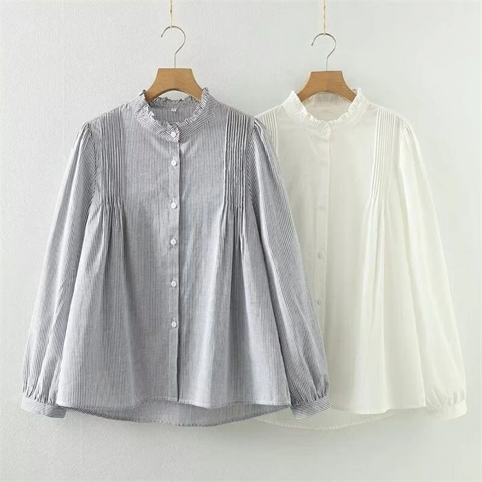 【3080円→実質3018円 P2利用! 11/27 01:59迄】シャツ レディース シャツブラウス 長袖 フリル襟 ストライプシャツ 可愛い オフィス トップス 重ね着 Aライン 上品 おしゃれ 仕事 通勤OL ゆったり 体型カバー 森ガール カジュアル シンプル 可愛い ギャザー 立ち襟