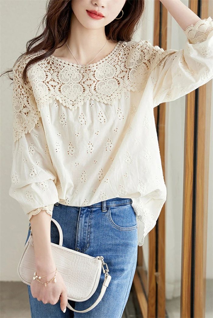 【3280円→実質3214円 P2利用! 11/27 01:59迄】Tシャツ レディース 春夏 ブラウス デザイン 五分袖 長袖 チュニック 透け感 透かし編み 刺繍 切り替え コットン ぽわん袖 ゆったり レース 無地 秋 オフィス 通勤OL 20代 30代 40代 50代 カットソー シャツブラウス 綿