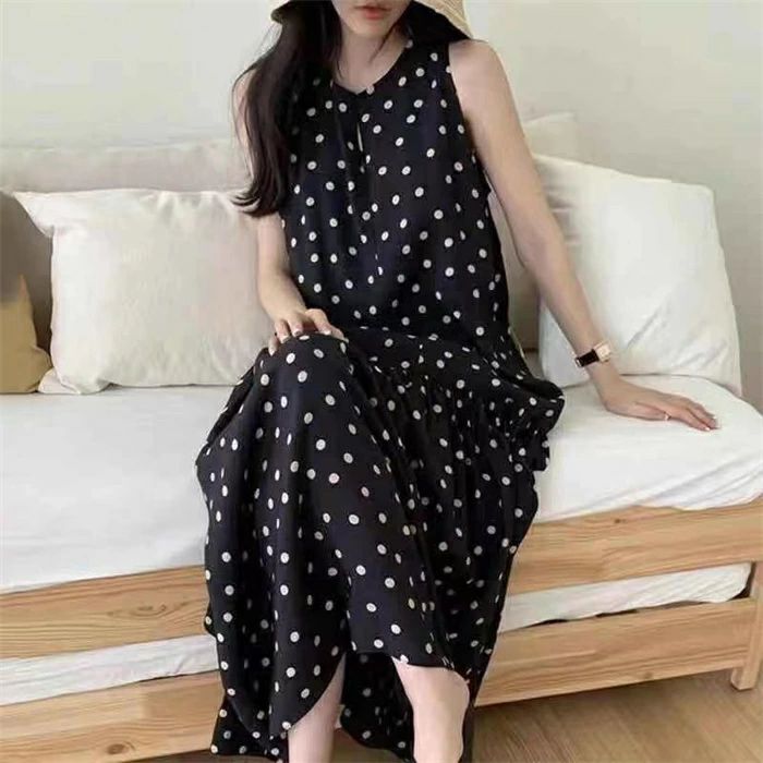 【3080円→実質3018円 P2利用! 11/27 01:59迄】ワンピース ノースリーブ レディース 夏 ドット柄 ワンピース Aライン 大きいサイズ ワンピ 水玉柄 フレアロングワンピ 袖なし 無袖 お洒落 きれいめ ゆったり 体型カバー 着痩せ 可愛い カジュアル オフィス OL