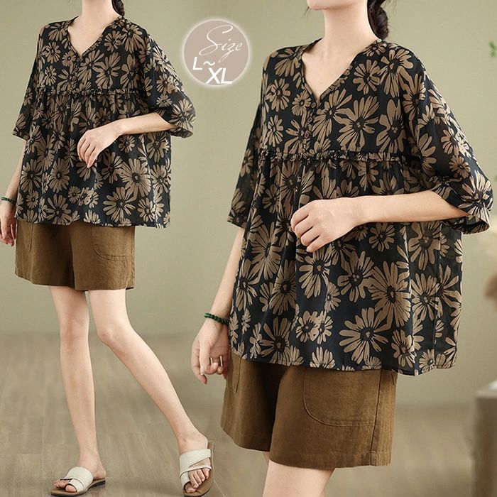 【2980円→実質2920円 P2利用! 11/27 01:59迄】シャツ 花柄シャツ レディース 夏 シャツブラウス Aライン 可愛い vネック プルオーバー トップス ゆったり 体型カバー 着・せ きれいめ カジュアル レトロ 通勤 オフィス シンプル 30代 40代 50代 ブラウス 花柄