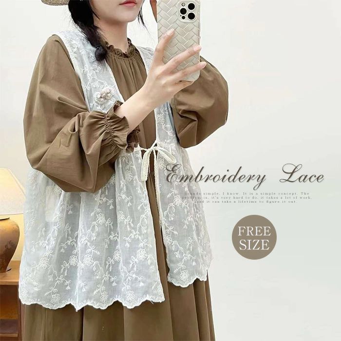 【3260円→実質3195円 P2利用! 11/27 01:59迄】ベスト レースベスト レディース ボレロ 刺繍ベスト 前開き 羽織り 重ね着 レイヤード 花柄 可愛い トップス 袖なし ゆったり 森ガール カジュアル シンプル ビーチ リゾート お出かけ きれいめ 透け感 刺繍 レース