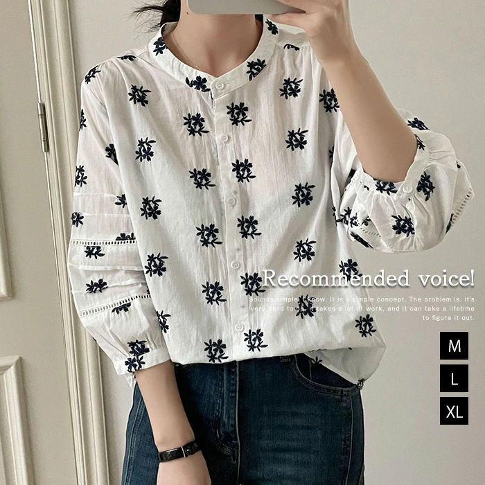 【2680円→実質2626円 P2利用! 11/27 01:59迄】ブラウス 刺繍 シャツ レディース 春夏 シャツブラウス スタンドカラー トップス 立ち襟 コットン オフィス トップス ゆったり 体型カバー 柔らかい 通気性 着・せ カジュアル きれいめ シンプル フォーマル OL 花柄